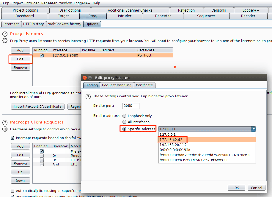 Burp Suite proxy configuration